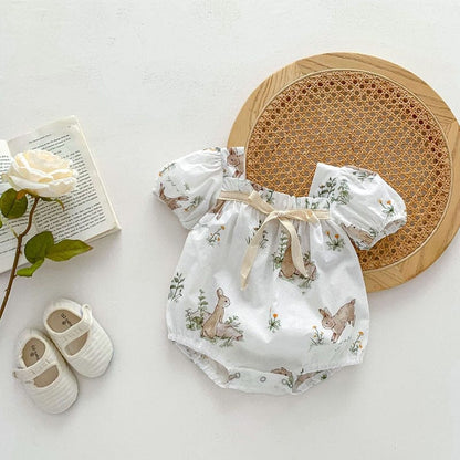 半袖ロンパース ベビー うさぎ バニー ラビット 半袖 リボン パフスリーブ ロンパース