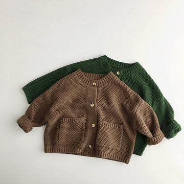 カーディガン・パーカー キッズ服 カーディガン ジャケット アウター ニット ルーズ ポケット 無地 茶色 緑 2色 男の子 女の子