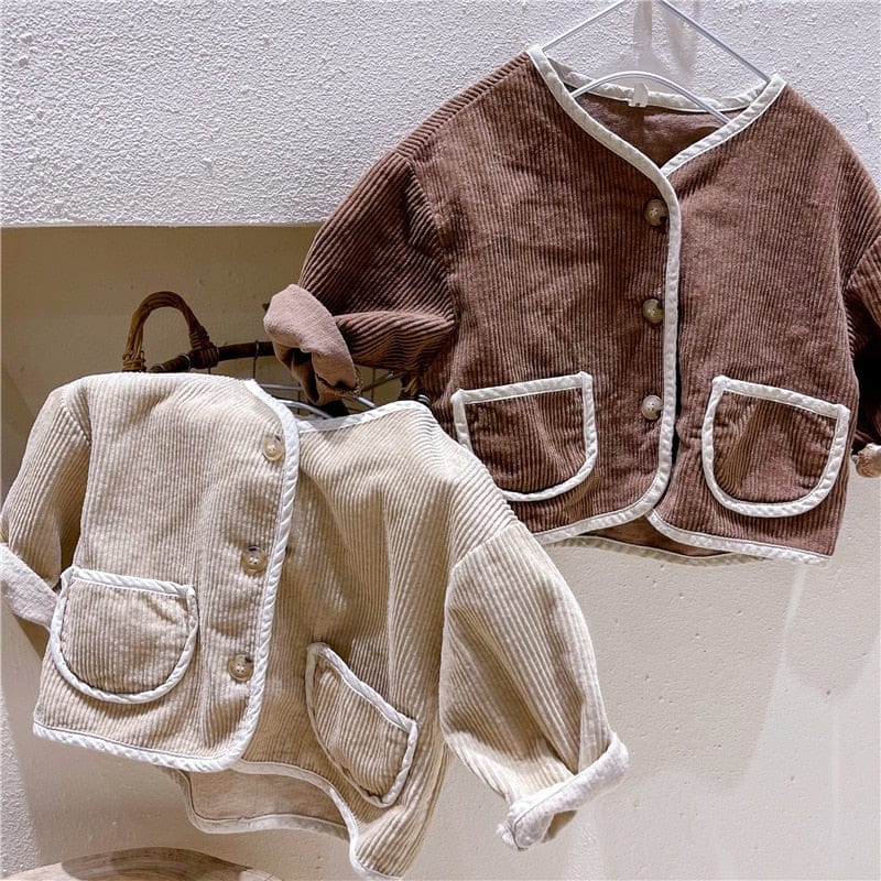 ショートコート・ジャケット・ジャンパー キッズ服 ジャケット コート アウター コーデュロイ バイピング 茶色 ベージュ 2色 男の子 女の子