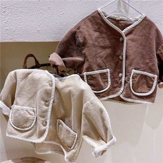 ショートコート・ジャケット・ジャンパー キッズ服 ジャケット コート アウター コーデュロイ バイピング 茶色 ベージュ 2色 男の子 女の子