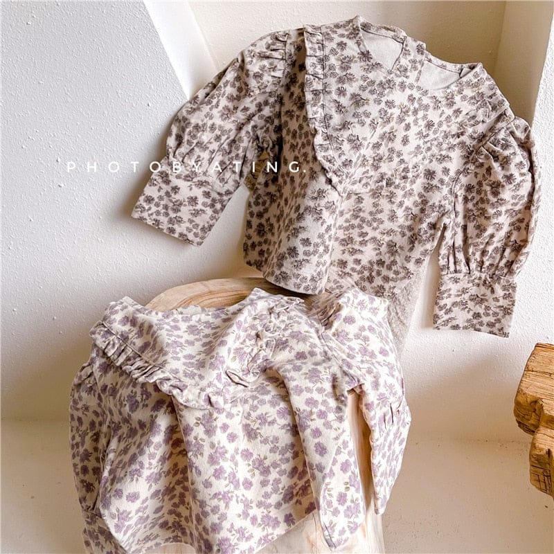 長袖シャツ・ブラウス キッズ服 長袖 チュニック ブラウス シャツ フラワー 花柄 フリル 茶色 紫 2色 女の子