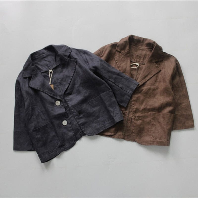 ショートコート・ジャケット・ジャンパー キッズ服 ジャケット ブレザー コットンリネン アウター 無地 ネイビー 茶色 2色 男の子