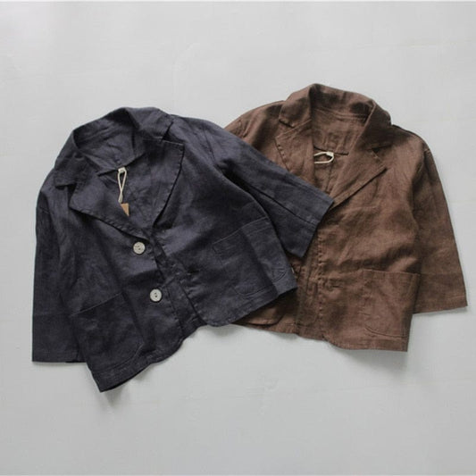ショートコート・ジャケット・ジャンパー キッズ服 ジャケット ブレザー コットンリネン アウター 無地 ネイビー 茶色 2色 男の子