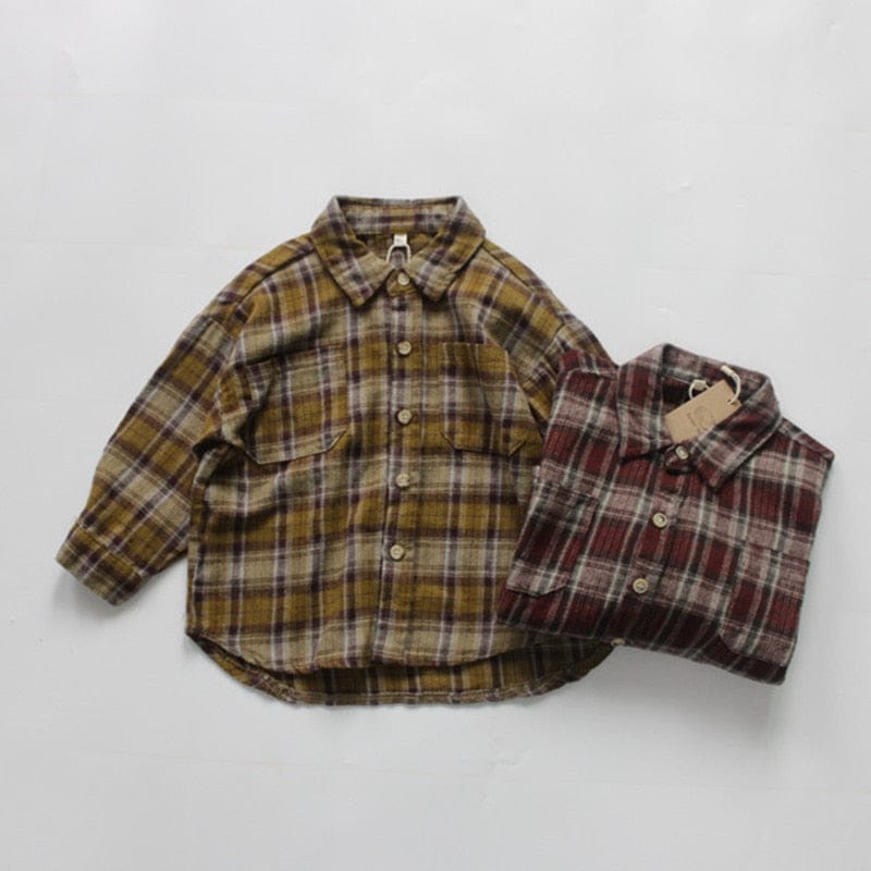 長袖シャツ・ブラウス キッズ服 長袖 シャツ チェック シンプル ベーシック 黄色 赤 2色 男の子