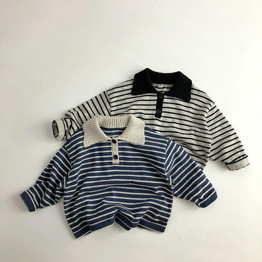 長袖シャツ・ブラウス キッズ服 長袖 ポロシャツ ボーダー スウェットシャツ 青 ベージュ 2色 男の子