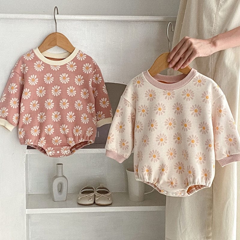 長袖ロンパース ベビー服 長袖 ロンパース レトロフラワー 花柄 ベージュ ピンク 2色 女の子