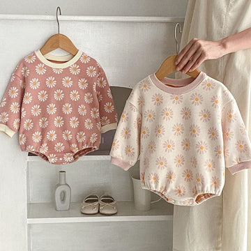長袖ロンパース ベビー服 長袖 ロンパース レトロフラワー 花柄 ベージュ ピンク 2色 女の子