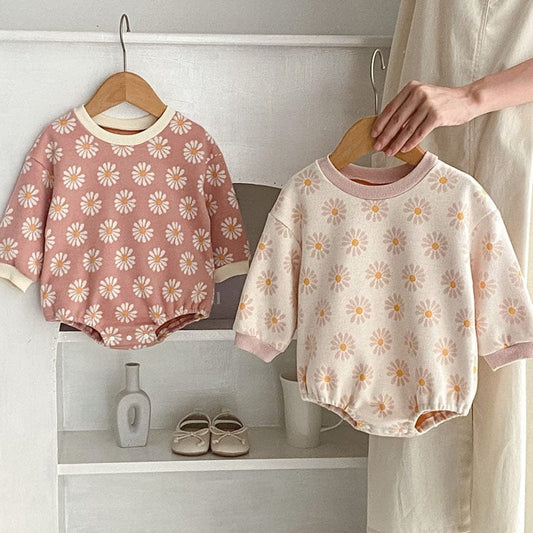 長袖ロンパース ベビー服 長袖 ロンパース レトロフラワー 花柄 ベージュ ピンク 2色 女の子