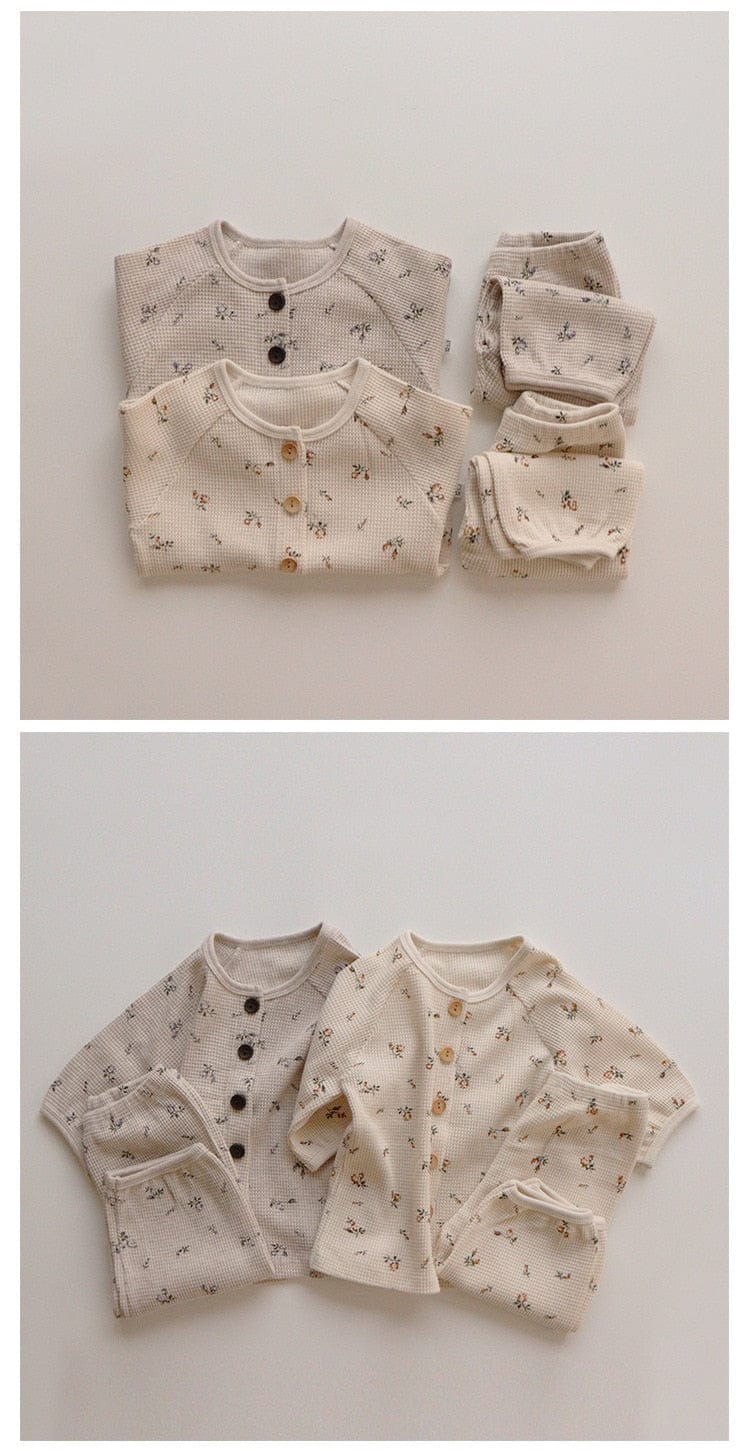 長袖パジャマ キッズセットアップ 2点セット フラワー花柄プリント 無地 ワッフル 長袖パジャマセット【mh0000156】