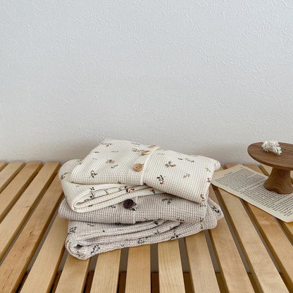 長袖パジャマ キッズセットアップ 2点セット フラワー花柄プリント 無地 ワッフル 長袖パジャマセット【mh0000156】