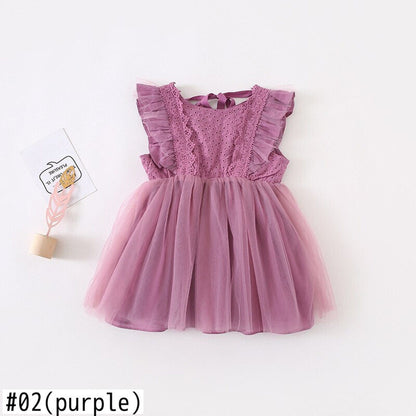 ノースリーブワンピース キッズワンピース チュチュチュール ドレスワンピース フリルスリーブ ホワイト/パープル/2カラー【mh0000454】
