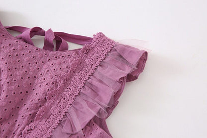 ノースリーブワンピース キッズワンピース チュチュチュール ドレスワンピース フリルスリーブ ホワイト/パープル/2カラー【mh0000454】