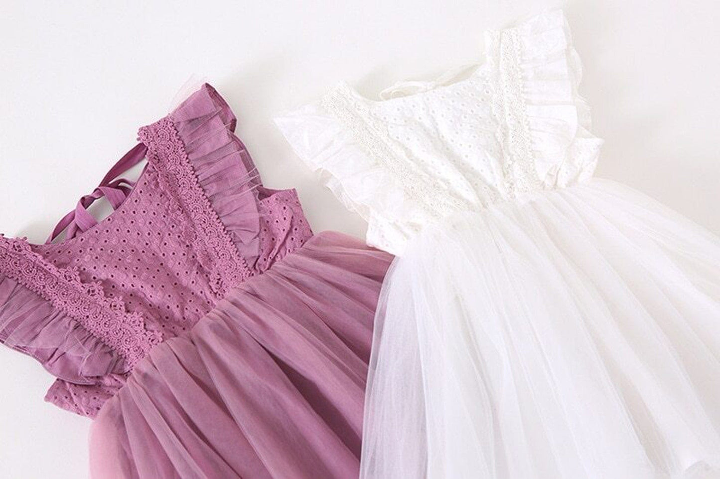 ノースリーブワンピース キッズワンピース チュチュチュール ドレスワンピース フリルスリーブ ホワイト/パープル/2カラー【mh0000454】