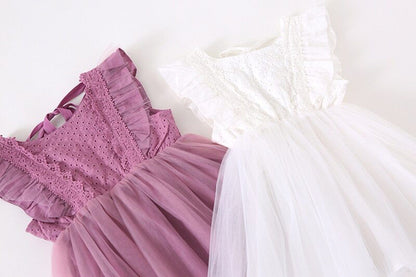 ノースリーブワンピース キッズワンピース チュチュチュール ドレスワンピース フリルスリーブ ホワイト/パープル/2カラー【mh0000454】