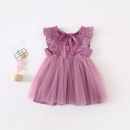 ノースリーブワンピース キッズワンピース チュチュチュール ドレスワンピース フリルスリーブ ホワイト/パープル/2カラー【mh0000454】