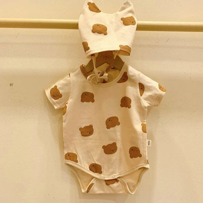 半袖ロンパース ベビーロンパース 耳帽子セット 半袖ボディスーツ くまベアプリント 4カラー【mh0000036】