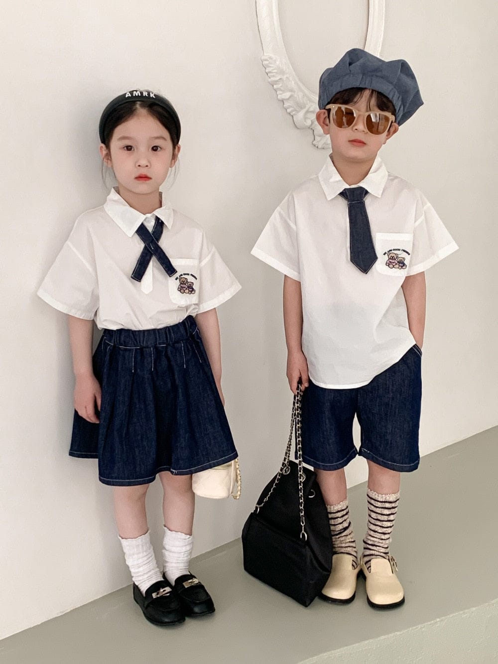 半袖セットアップ キッズ ユニフォーム 制服 セットアップ ガールズ ボーイズ セット 半袖 シャツ ブラウス デニム スカート ハーフパンツ リンクコーデ 5379C