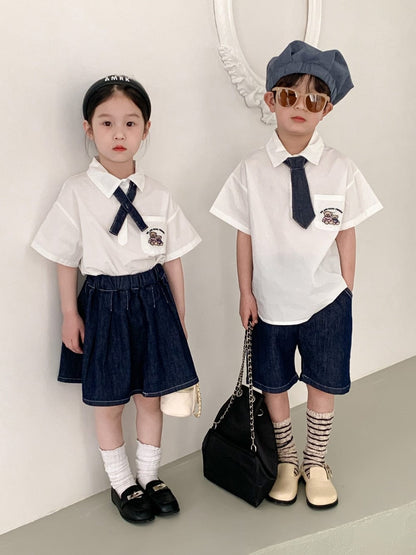 半袖セットアップ キッズ ユニフォーム 制服 セットアップ ガールズ ボーイズ セット 半袖 シャツ ブラウス デニム スカート ハーフパンツ リンクコーデ 5379C