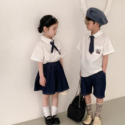 半袖セットアップ キッズ ユニフォーム 制服 セットアップ ガールズ ボーイズ セット 半袖 シャツ ブラウス デニム スカート ハーフパンツ リンクコーデ 5379C