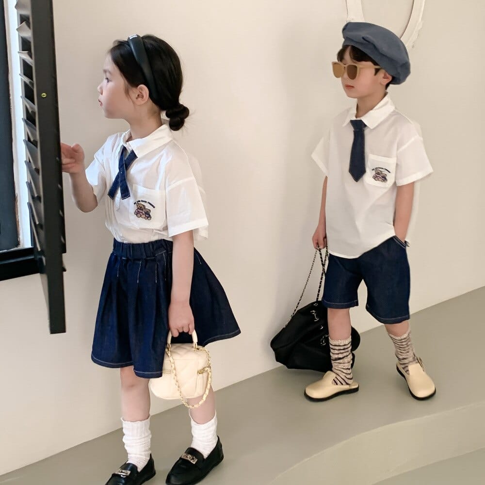 半袖セットアップ キッズ ユニフォーム 制服 セットアップ ガールズ ボーイズ セット 半袖 シャツ ブラウス デニム スカート ハーフパンツ リンクコーデ 5379C