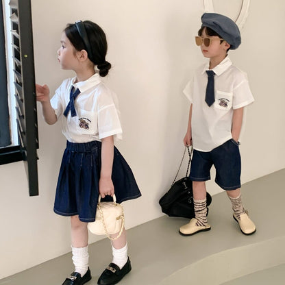 半袖セットアップ キッズ ユニフォーム 制服 セットアップ ガールズ ボーイズ セット 半袖 シャツ ブラウス デニム スカート ハーフパンツ リンクコーデ 5379C