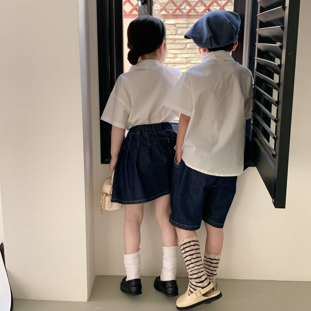 半袖セットアップ キッズ ユニフォーム 制服 セットアップ ガールズ ボーイズ セット 半袖 シャツ ブラウス デニム スカート ハーフパンツ リンクコーデ 5379C