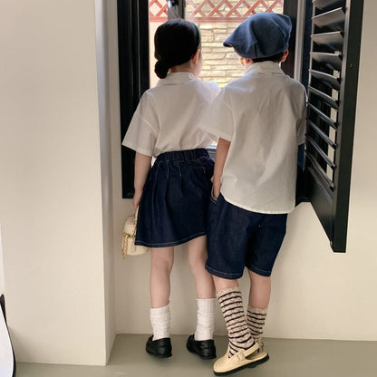 半袖セットアップ キッズ ユニフォーム 制服 セットアップ ガールズ ボーイズ セット 半袖 シャツ ブラウス デニム スカート ハーフパンツ リンクコーデ 5379C
