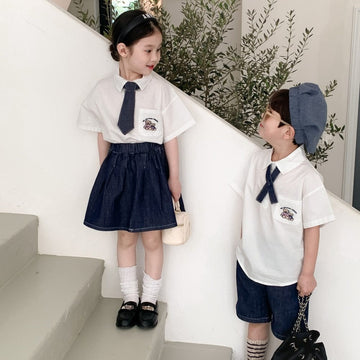 半袖セットアップ キッズ ユニフォーム 制服 セットアップ ガールズ ボーイズ セット 半袖 シャツ ブラウス デニム スカート ハーフパンツ リンクコーデ 5379C