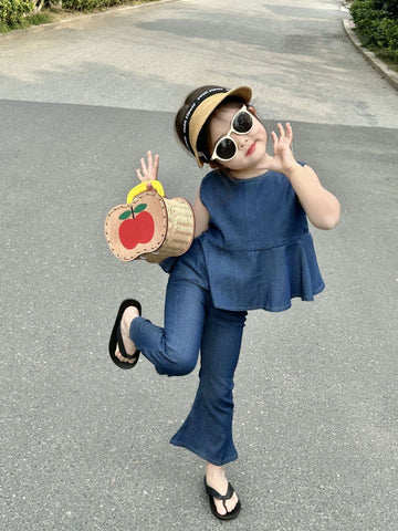 ノースリーブセットアップ キッズ デニム スーツ セットアップ ノースリーブ ペプラム ブラウス フレア ベルボトムパンツ ジーンズ 5559D