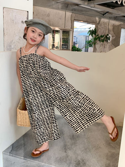 サロペットパンツ・サスペンダーパンツ キッズ 幾何学 ワイド ルーズ サロペットパンツ キャミソール ジャンプスーツ モノトーン 5610C