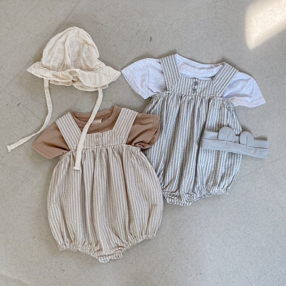 ノースリーブロンパース ベビー ストライプ ノースリーブ サスペンダー ロンパース ブルー カーキ ユニセックス 5913B