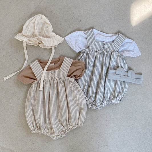 ノースリーブロンパース ベビー ストライプ ノースリーブ サスペンダー ロンパース ブルー カーキ ユニセックス 5913B