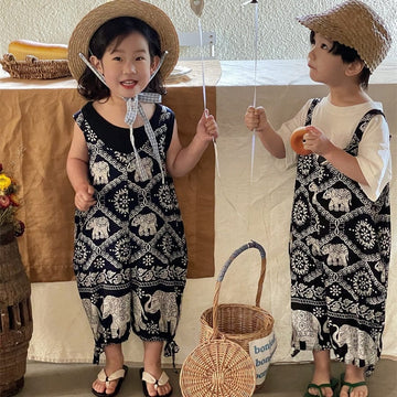 サロペットパンツ・サスペンダーパンツ キッズ タイパンツ エレファント 象 サロペット サスペンダーパンツ ジャンプスーツ ブラック ブルー ユニセックス 6000C