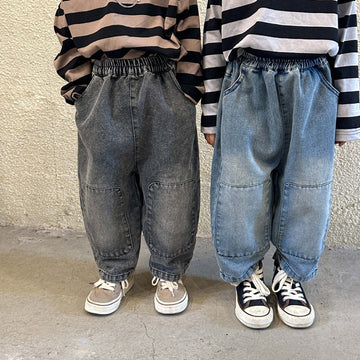 デニムパンツ キッズ デニム 膝パッチ ルーズ パンツ ジーンズ ジーパン ブルー ブラック ユニセックス 6923