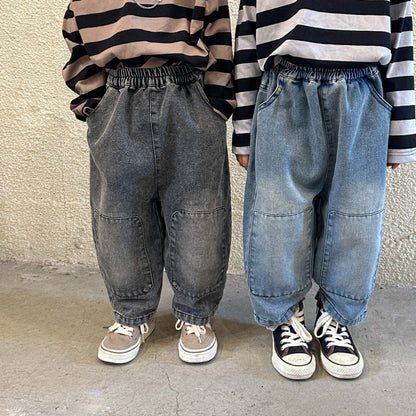 デニムパンツ キッズ デニム 膝パッチ ルーズ パンツ ジーンズ ジーパン ブルー ブラック ユニセックス 6923