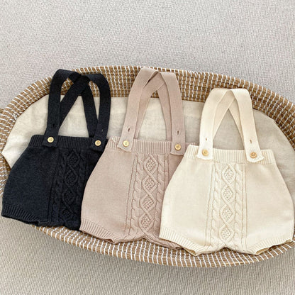 サロペットパンツ・サスペンダーパンツ ベビー アランニット ケーブル編み サスペンダー ニット バルーン パンツ ショートパンツ サロペット ホワイト ベージュ ダークグレー ユニセックス 6999