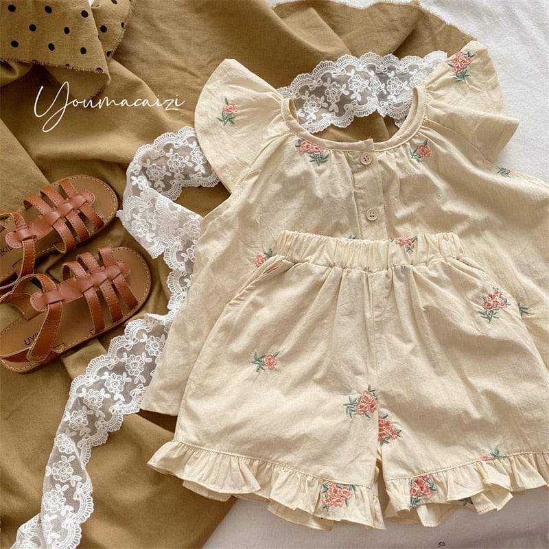 ノースリーブセットアップ Apricot / 18M 80cm キッズ セットアップ フラワー 刺繍 フリル ノースリーブ ブラウス トップス フリル ショートパンツ