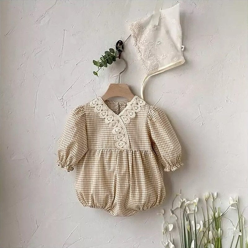 長袖ロンパース apricot no hat / 66cm / 取り寄せ（7〜35日） ベビーレース チェック Vネック 長袖 ロンパース ガールズ