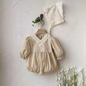 長袖ロンパース apricot no hat / 66cm / 取り寄せ（7〜35日） ベビーレース チェック Vネック 長袖 ロンパース ガールズ
