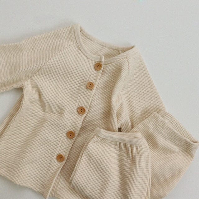 長袖パジャマ Beige / 12M 80cm キッズセットアップ 2点セット フラワー花柄プリント 無地 ワッフル 長袖パジャマセット【mh0000156】