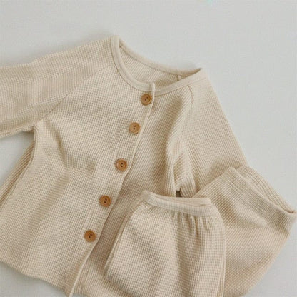 長袖パジャマ Beige / 12M 80cm キッズセットアップ 2点セット フラワー花柄プリント 無地 ワッフル 長袖パジャマセット【mh0000156】