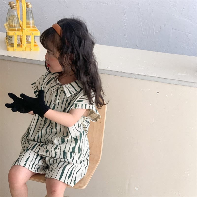 半袖セットアップ Beige / 18M 80cm キッズ 半袖 セットアップ ストライプ 半袖 ポロシャツ ハーフパンツ