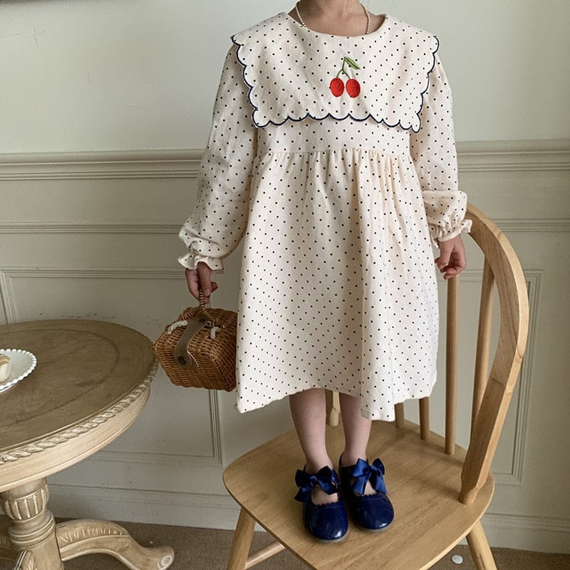 長袖ワンピース Beige / 24M 90cm キッズ みずたま チェリー 刺繍 長袖 ワンピース【mh0001160】