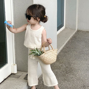 ノースリーブセットアップ Beige / 24M 90cm キッズ セットアップ レースニット タンク ノースリーブ トップス フレア ワイドパンツ【mh0001354】