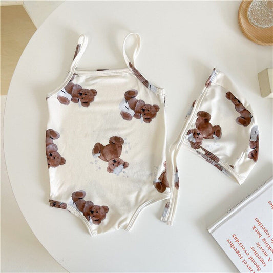 ベビー用水着 Beige / 66cm ベビー くま ベア ワンピース 水着 スイミング 帽子 セット【mh0000670】