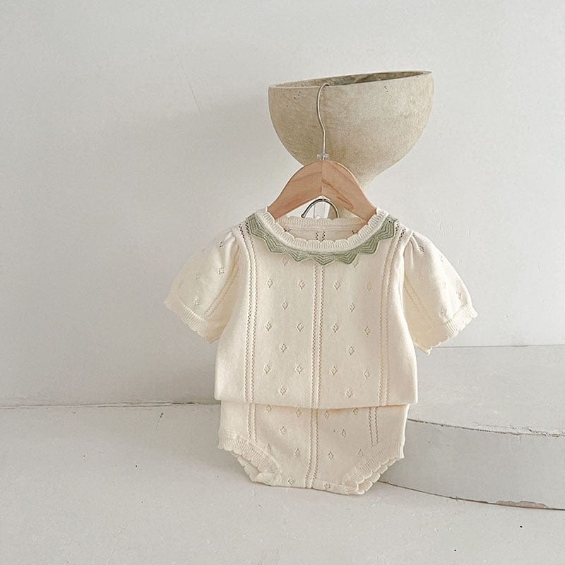 半袖セットアップ Beige / 6M/66cm ☺︎ ベビー レースニット セットアップ 半袖 サマーセーター トップス ブルマパンツ