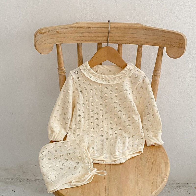 長袖ロンパース Beige / 6M/66cm ベビー レースニット 長袖 ロンパース ボンネット 帽子 セット