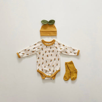 長袖ロンパース Beige / 6M/66cm ベビーロンパース 帽子セットレモンプリント 長袖ボディスーツ ニットキャップ ベージュ/ブルー/2カラー【mh0000361】