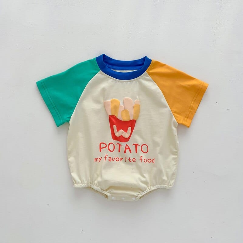 半袖ロンパース Beige / 6M 66cm ベビー ポテト フレンチフライ パッチワーク 半袖 ルーズ ロンパース【mh0001523】