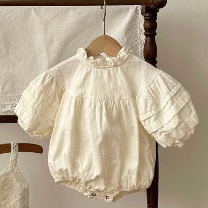 長袖ロンパース Beige / 6M 66cm ベビー フリル スタンドカラー 長袖 パフスリーブ ロンパース【mh0001524】